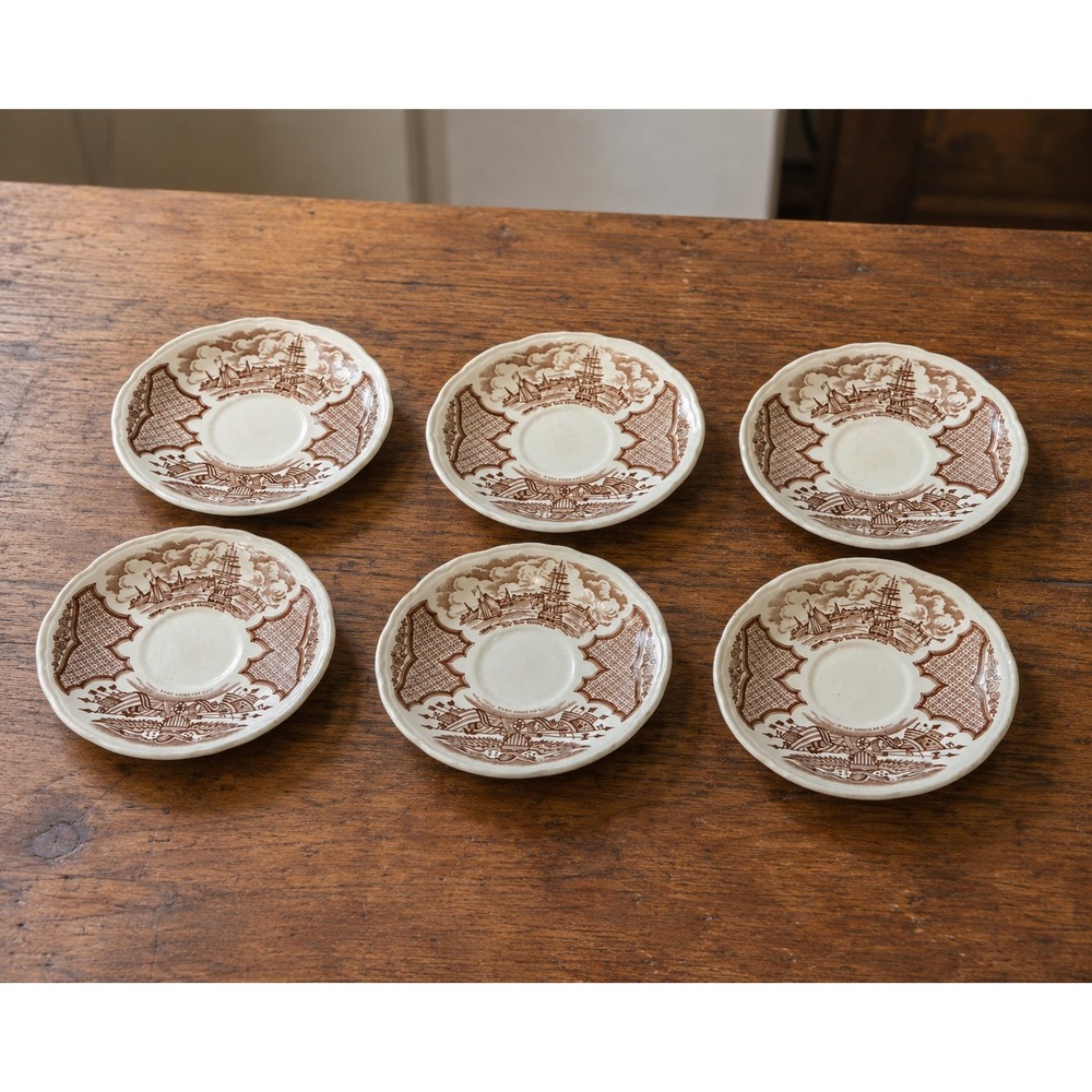 Alfred Meakin Fair Winds Saucers Set of 6 Brown New York Harbor 1830 England
